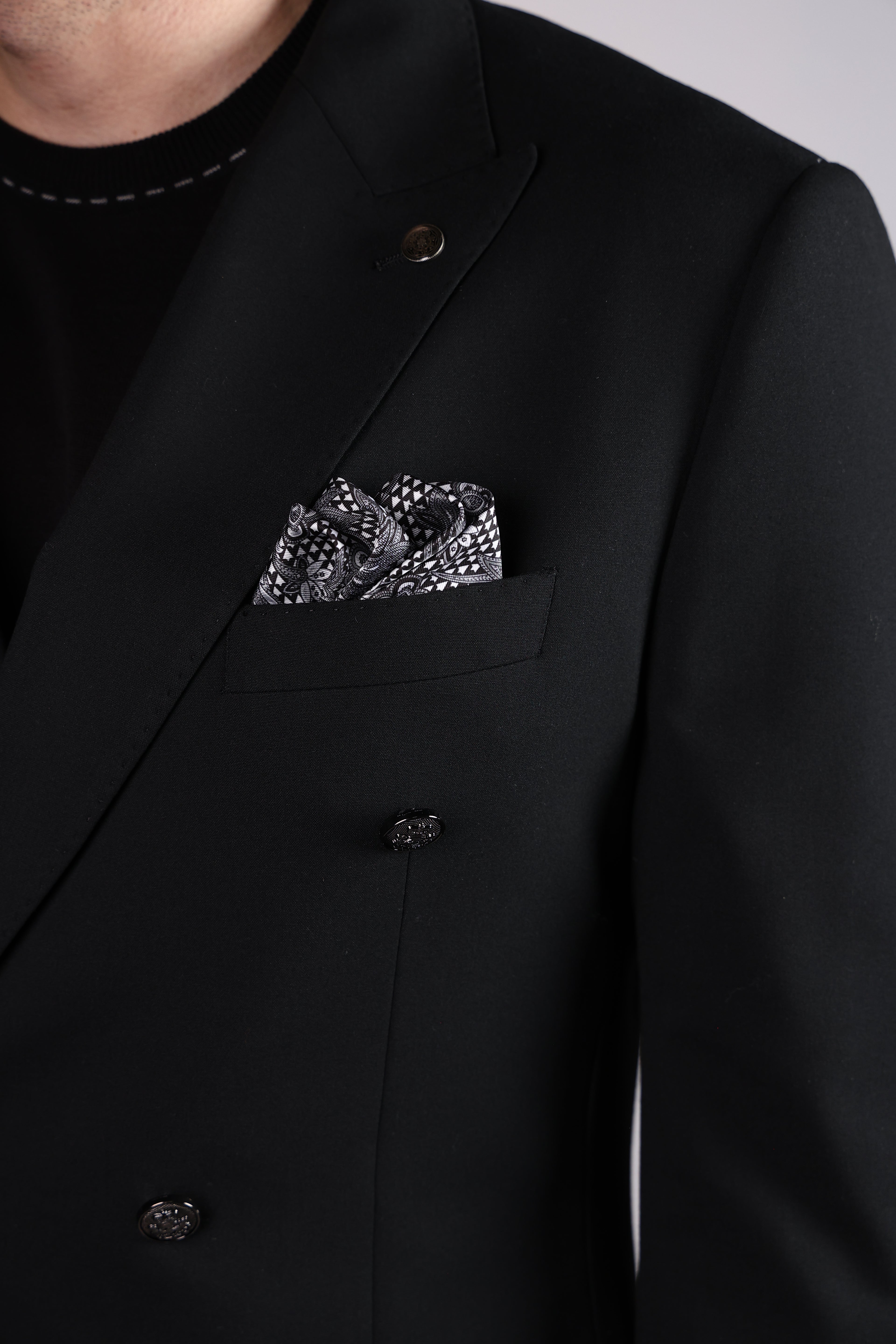 Men’s Wool Blend Slim Fit Double-Breasted Suit-BLACK.023