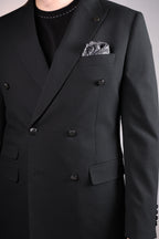 Men’s Wool Blend Slim Fit Double-Breasted Suit-BLACK.023