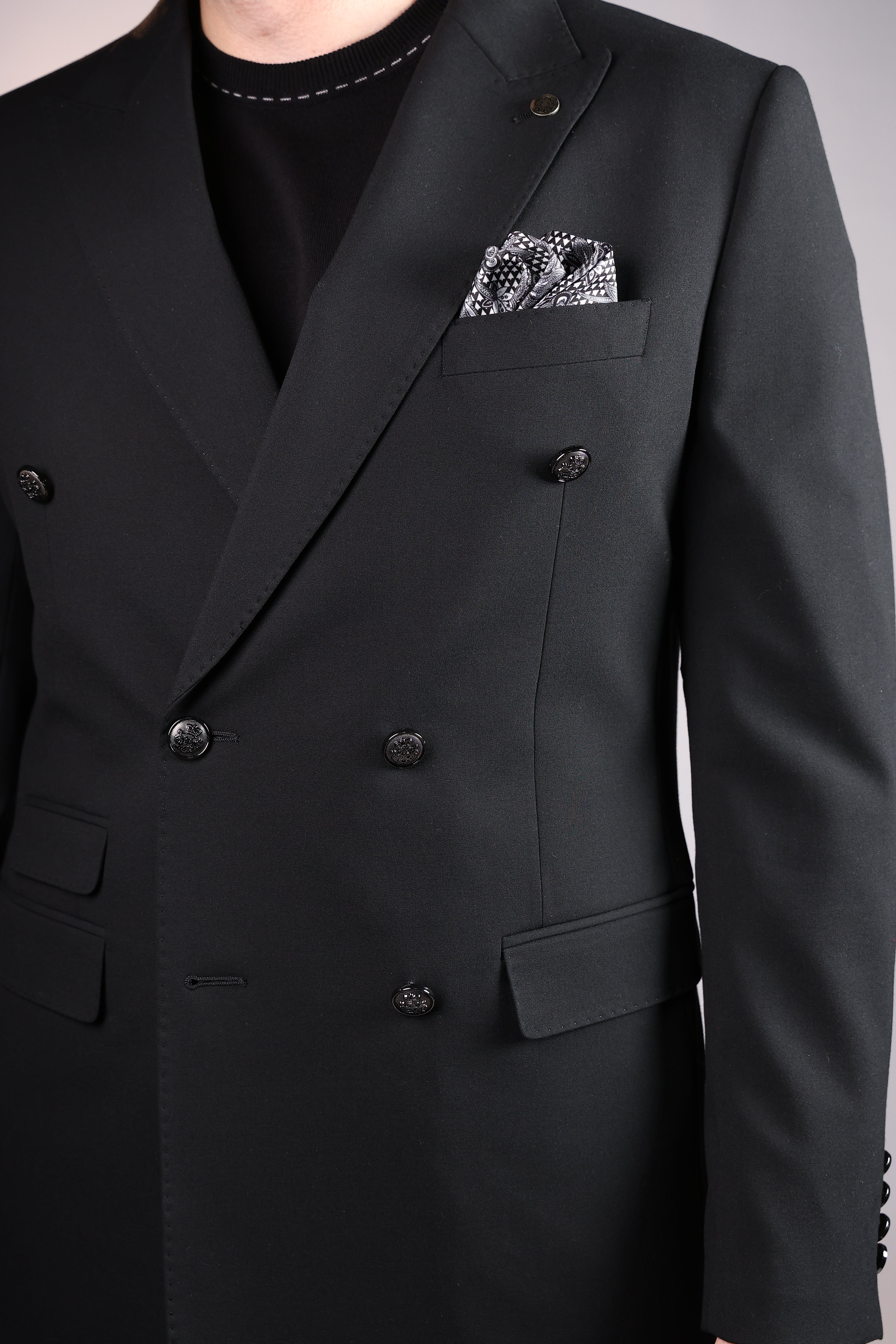 Men’s Wool Blend Slim Fit Double-Breasted Suit-BLACK.023