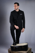 Men’s Wool Blend Slim Fit Double-Breasted Suit-BLACK.023
