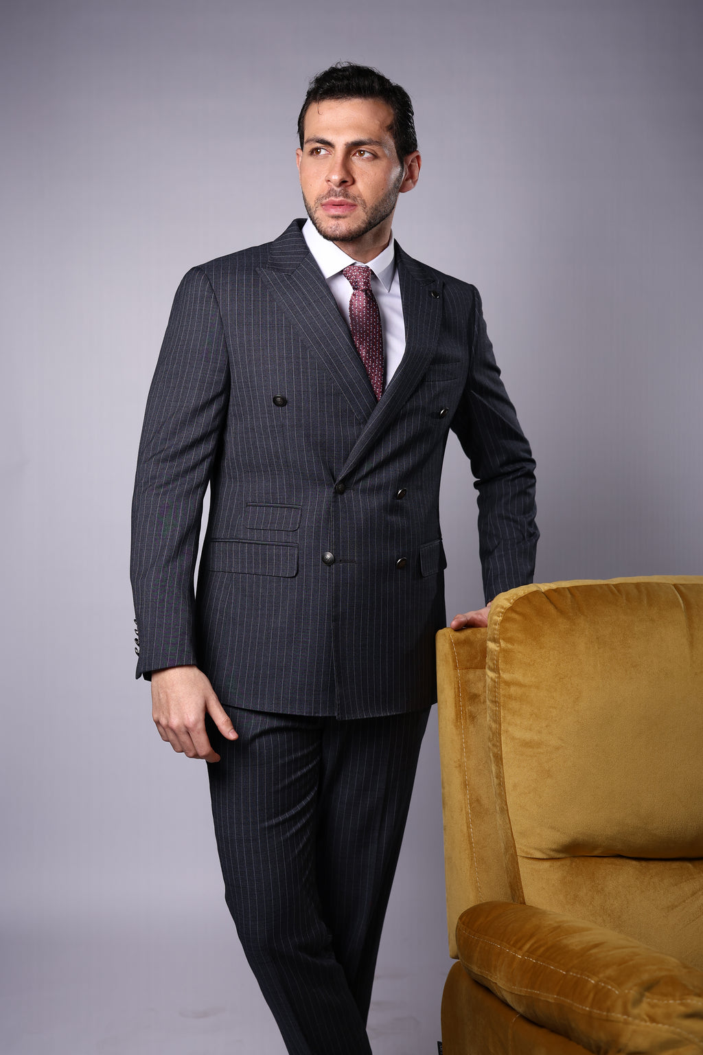 Men’s Wool Blend Slim Fit Double-Breasted Suit-ST.GREY.023