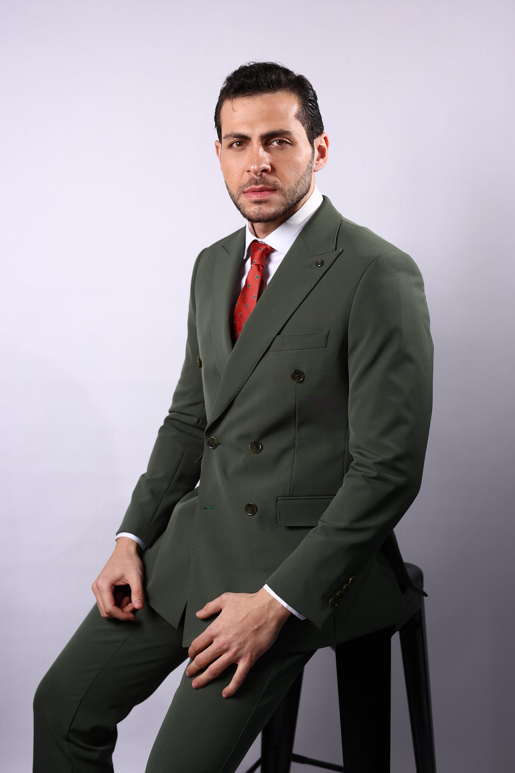 Men’s Wool Blend Slim Fit Double-Breasted Suit-OLIVE GREEN.024