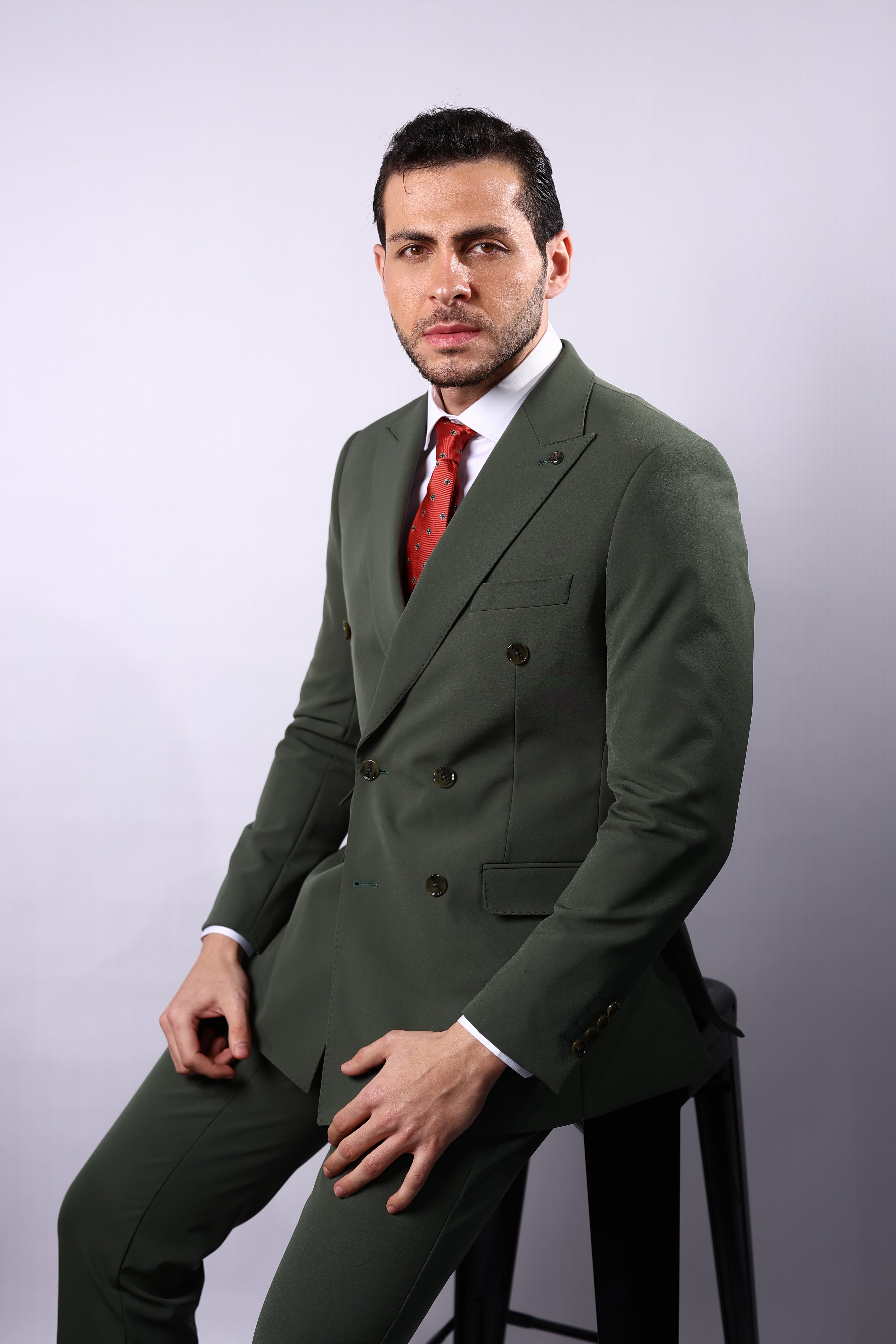 Men’s Wool Blend Slim Fit Double-Breasted Suit-OLIVE GREEN.024