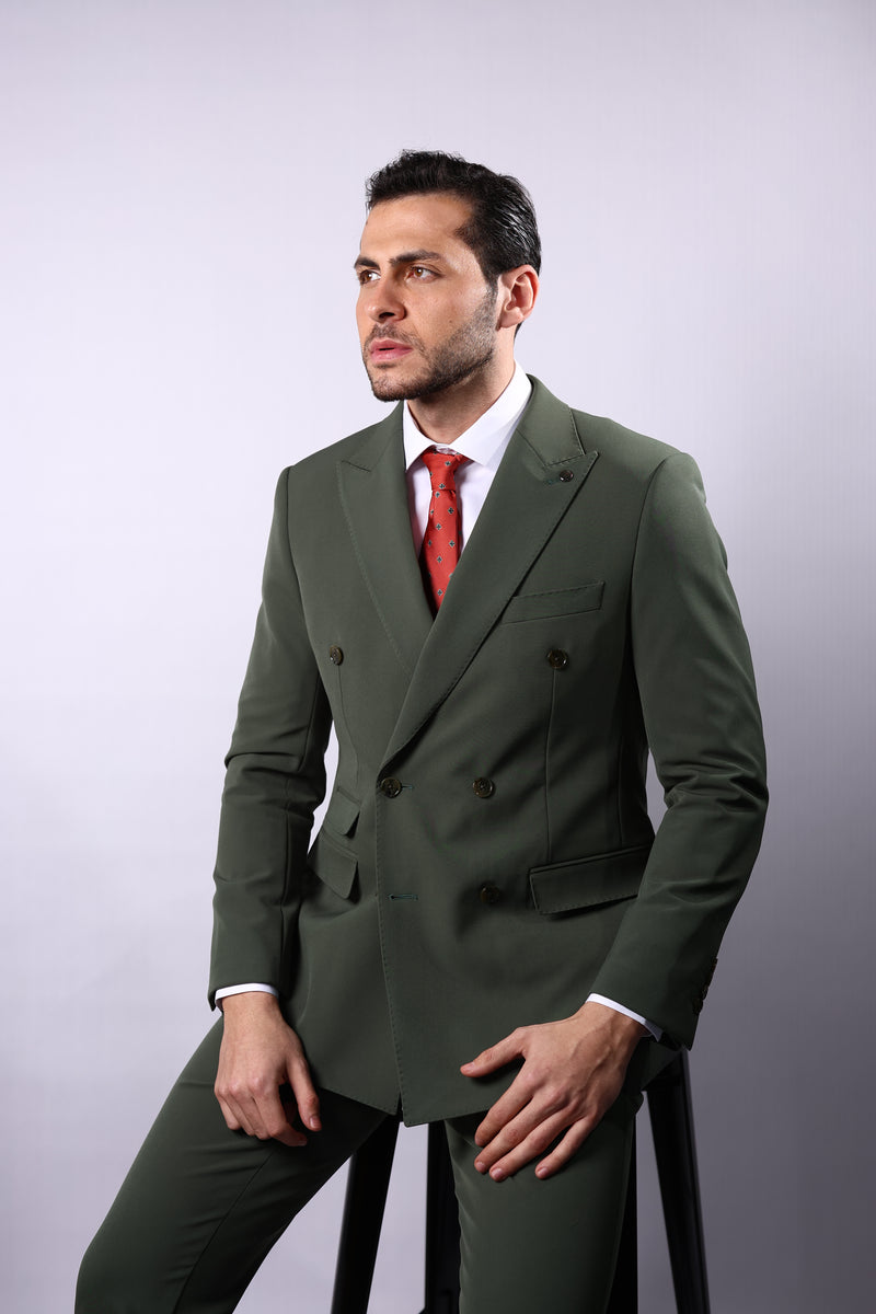 Men’s Wool Blend Slim Fit Double-Breasted Suit-OLIVE GREEN.024