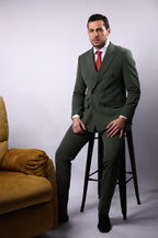 Men’s Wool Blend Slim Fit Double-Breasted Suit-OLIVE GREEN.024