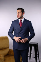 Men’s Wool Blend Slim Fit Double-Breasted Suit-INDIGO.023