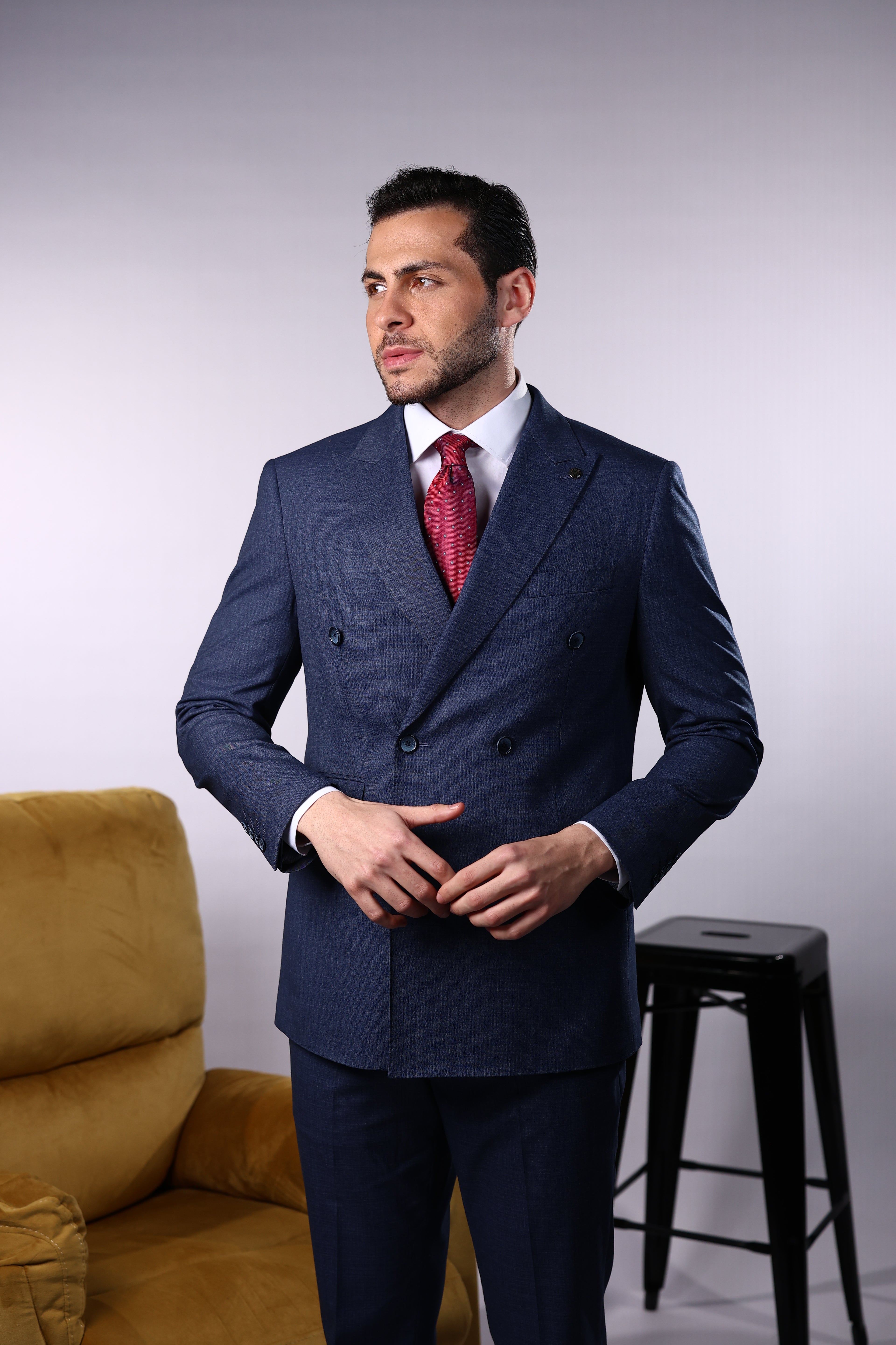 Men’s Wool Blend Slim Fit Double-Breasted Suit-INDIGO.023