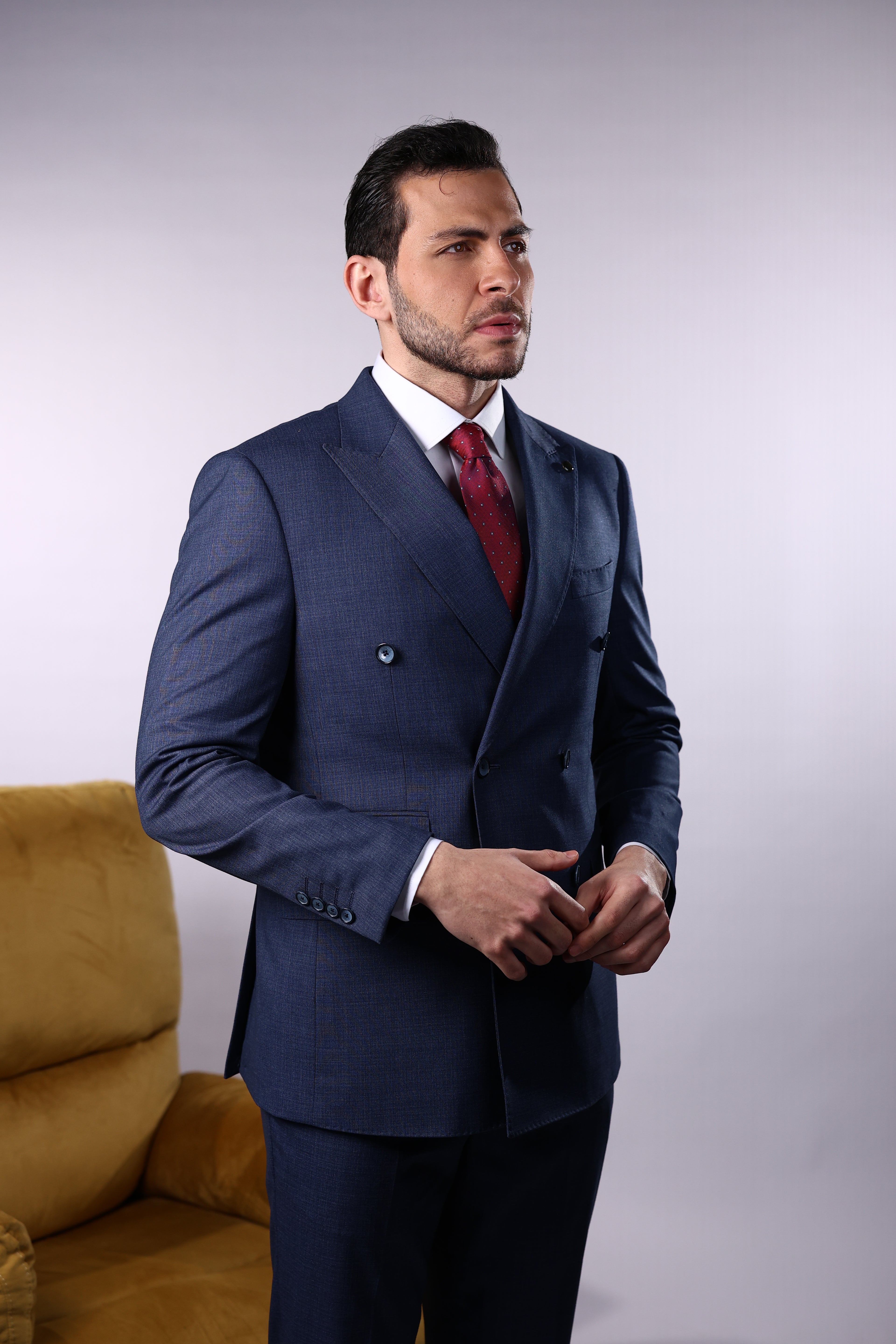 Men’s Wool Blend Slim Fit Double-Breasted Suit-INDIGO.023