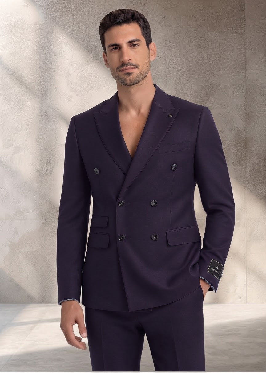 Men’s Wool Blend Slim Fit Double-Breasted Suit-NAVY.024