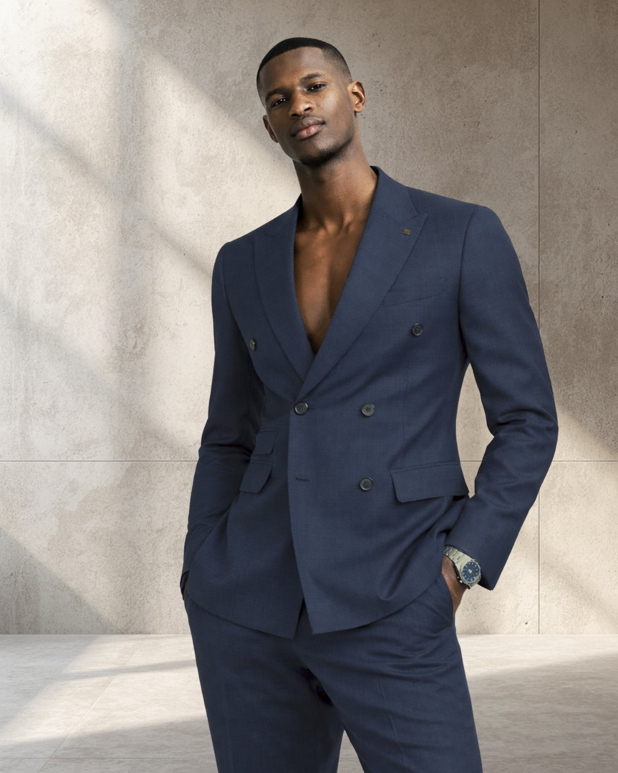 Men’s Wool Blend Slim Fit Double-Breasted Suit-INDIGO.023
