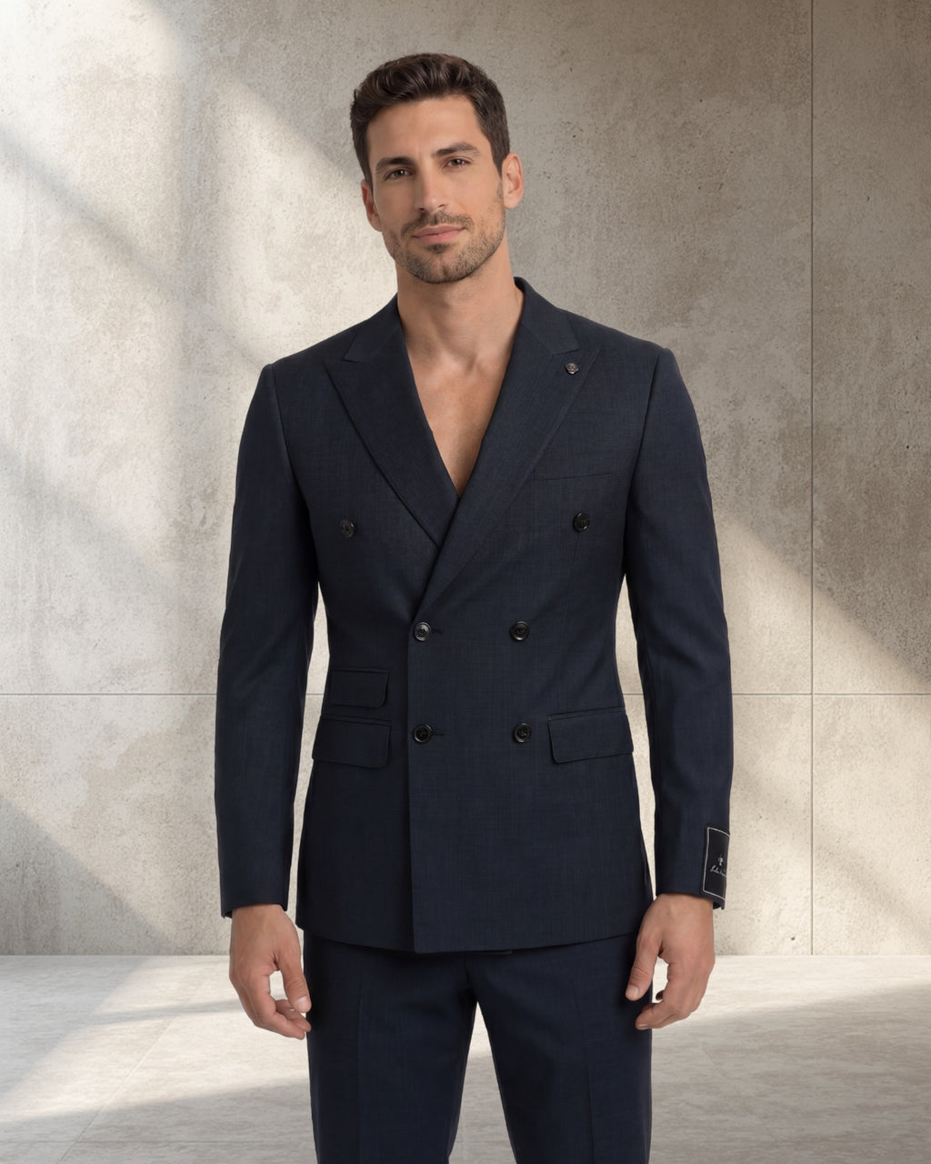 Men’s Wool Blend Slim Fit Double-Breasted Suit-NAVY.023