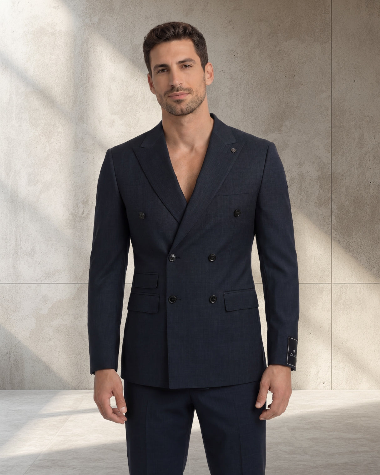 Men’s Wool Blend Slim Fit Double-Breasted Suit-NAVY.023