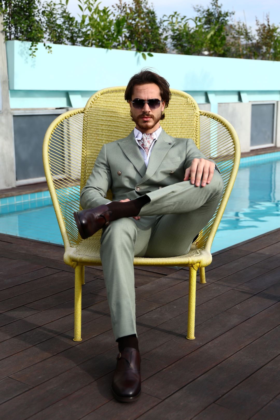 Men’s Wool Blend Slim Fit Double-Breasted Suit-MINT GREEN.024
