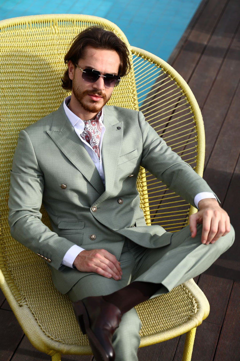 Men’s Wool Blend Slim Fit Double-Breasted Suit-MINT GREEN.024