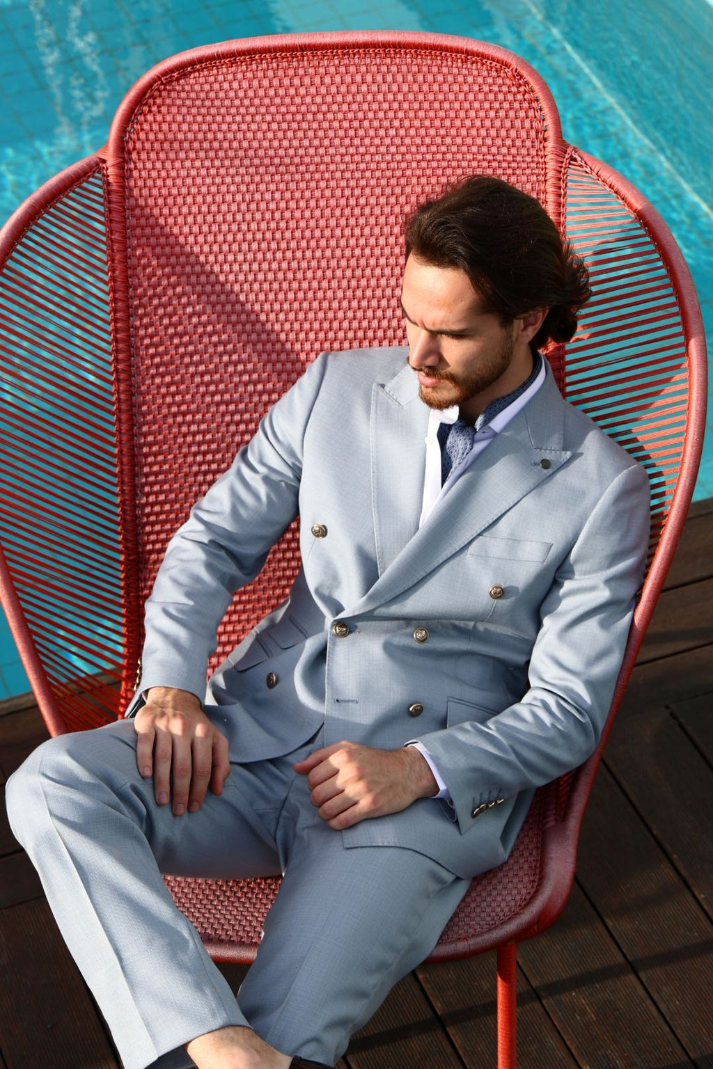 Men’s Wool Blend Slim Fit Double-Breasted Suit-LIGHT BLUE.024