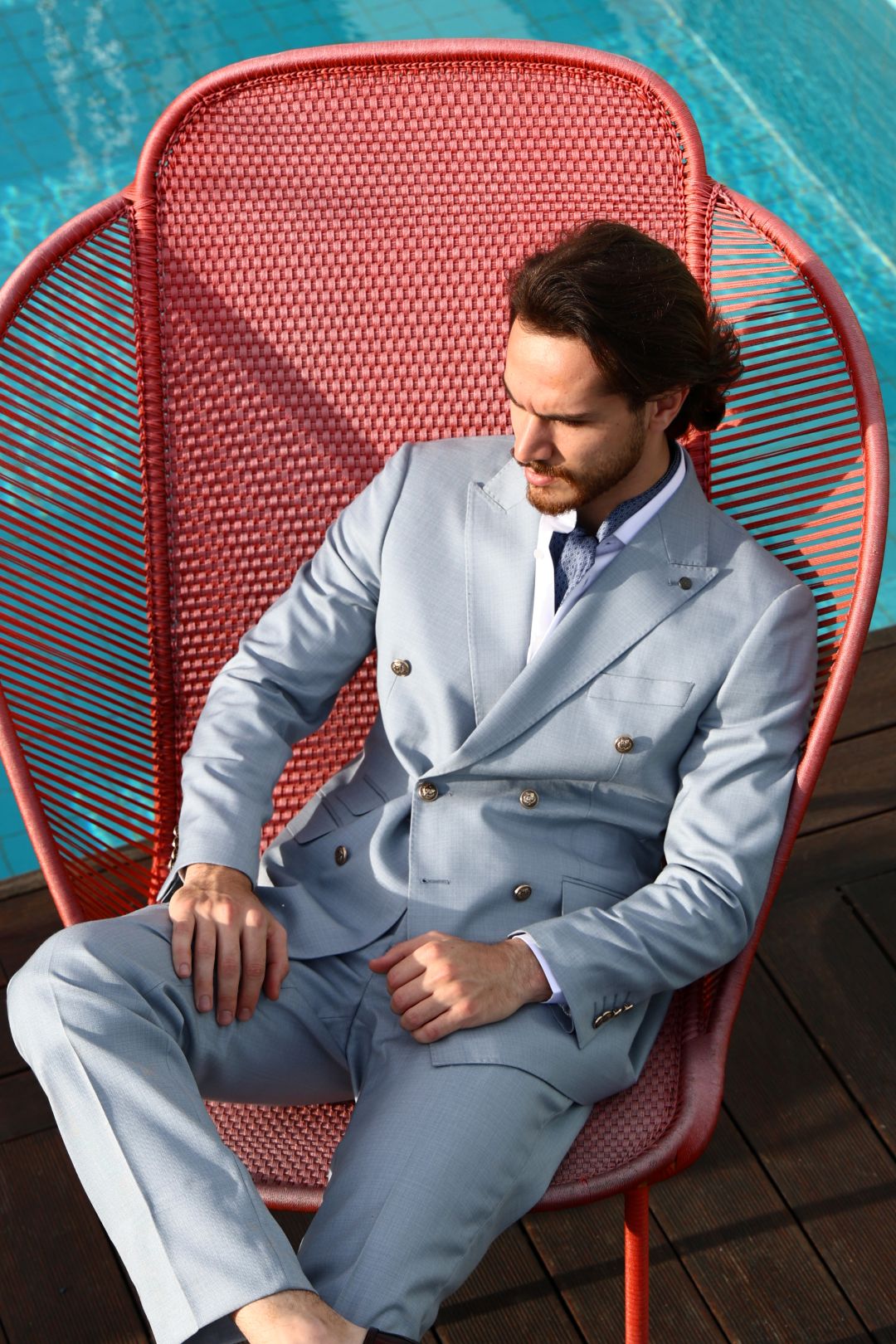 Men’s Wool Blend Slim Fit Double-Breasted Suit-LIGHT BLUE.024
