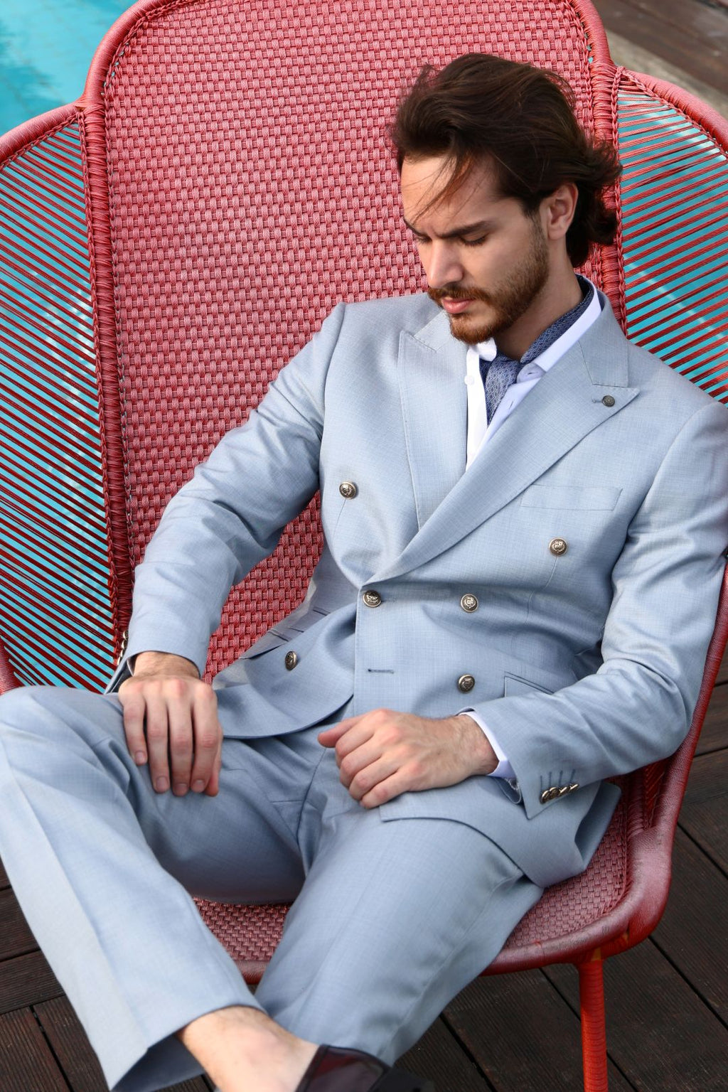 Men’s Wool Blend Slim Fit Double-Breasted Suit-LIGHT BLUE.024