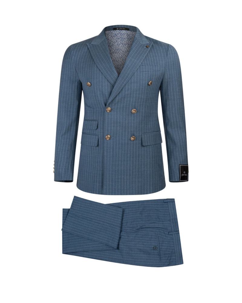 Men’s Wool Blend Slim Fit Double-Breasted Suit-ST.BLUE.023