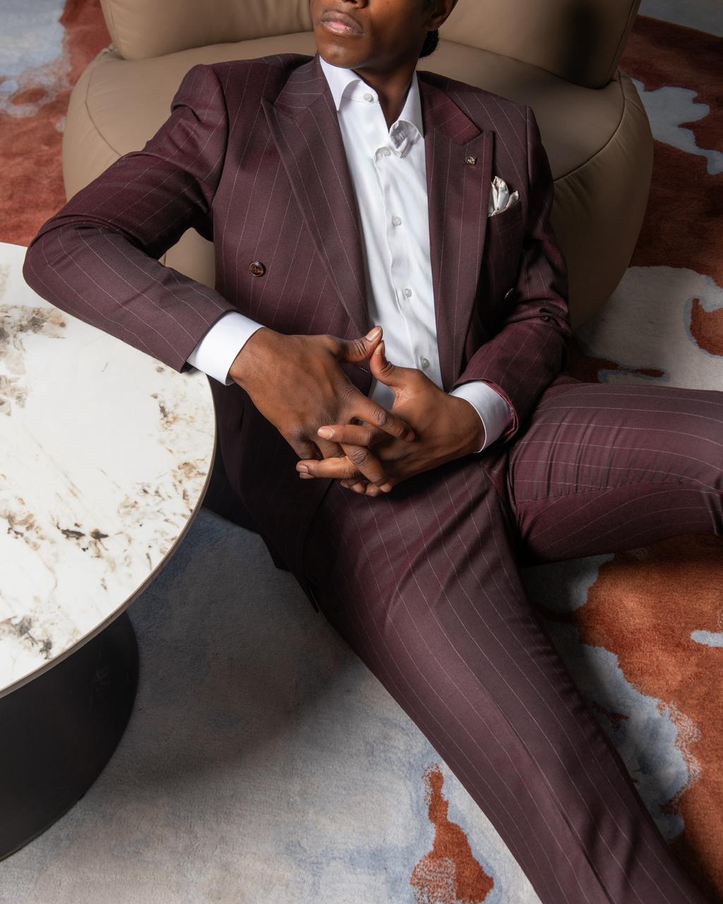 Burgundy Striped Wool Dubetti Suit – Bold Elegance with Classic Stripes