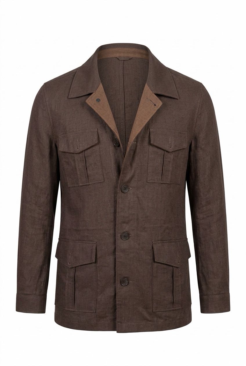 Brown Linen Safari Jacket in Loro Piana Fabric.001