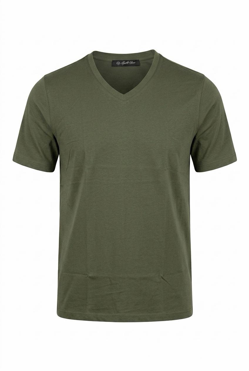 Premium Olive Green Mercerized Cotton V-Neck T-Shirt – Soft, Breathable & Elegant Finish.VMT-001