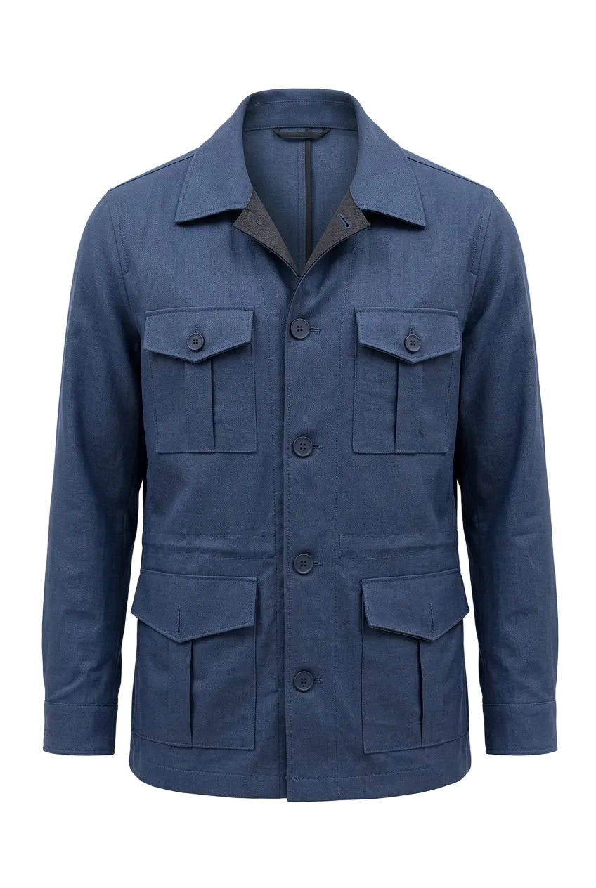 Navy Linen Safari Jacket in Loro Piana Fabric-001