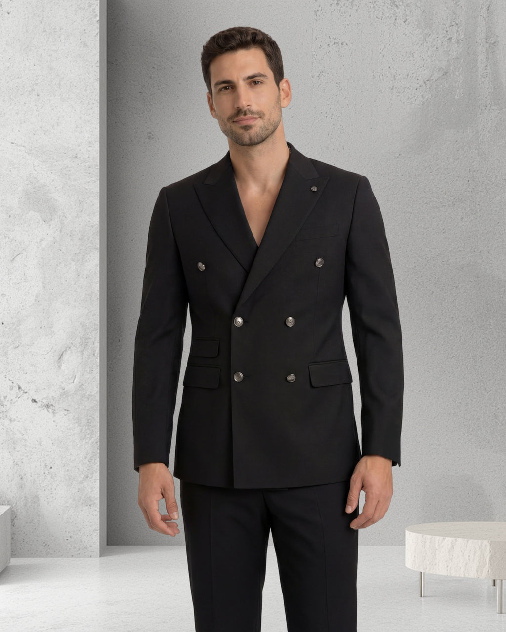 Men’s Wool Blend Slim Fit Double-Breasted Suit-BLACK.023