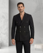 Men’s Wool Blend Slim Fit Double-Breasted Suit-BLACK.023
