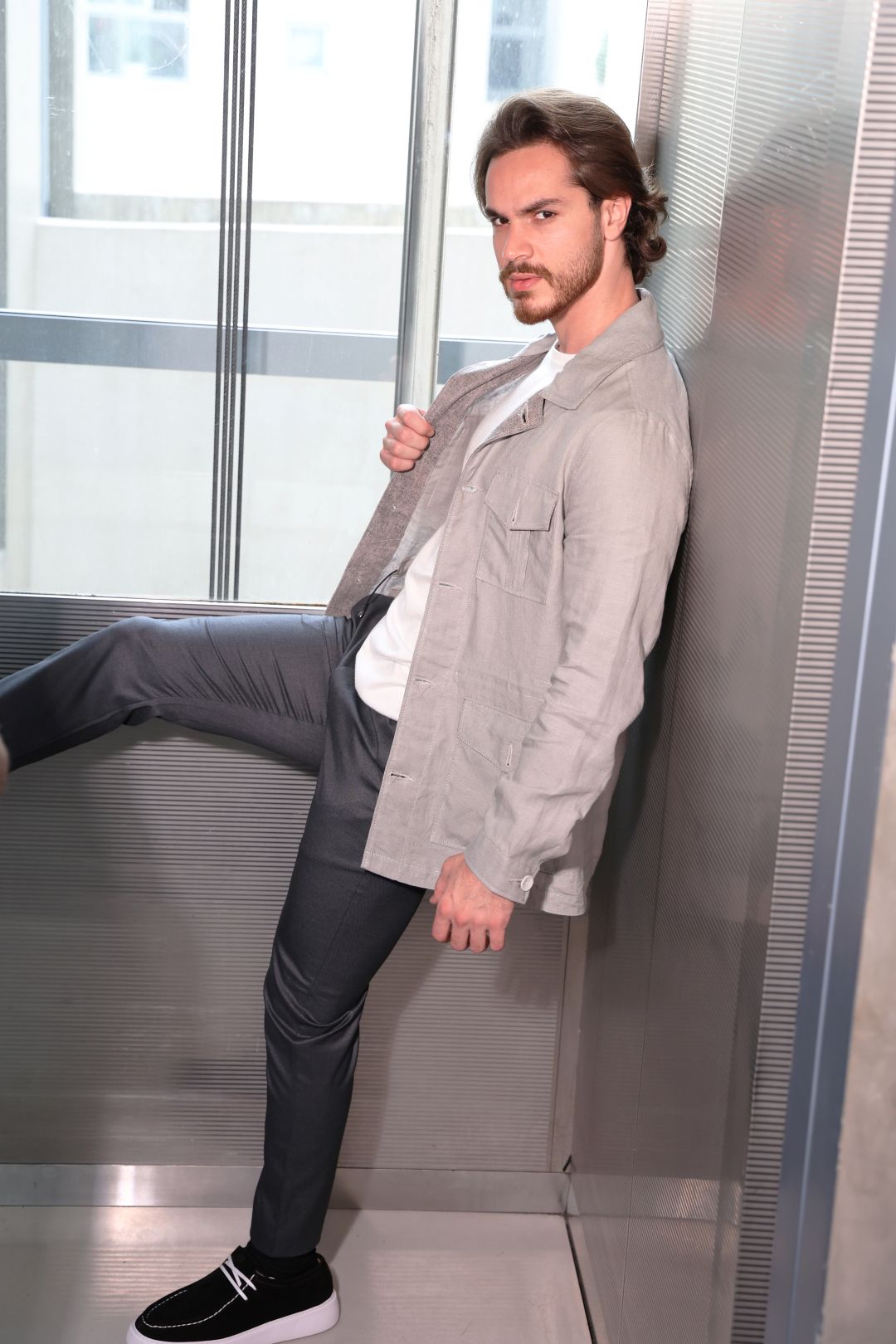 Light Beige Linen Safari Jacket in Loro Piana Fabric-001