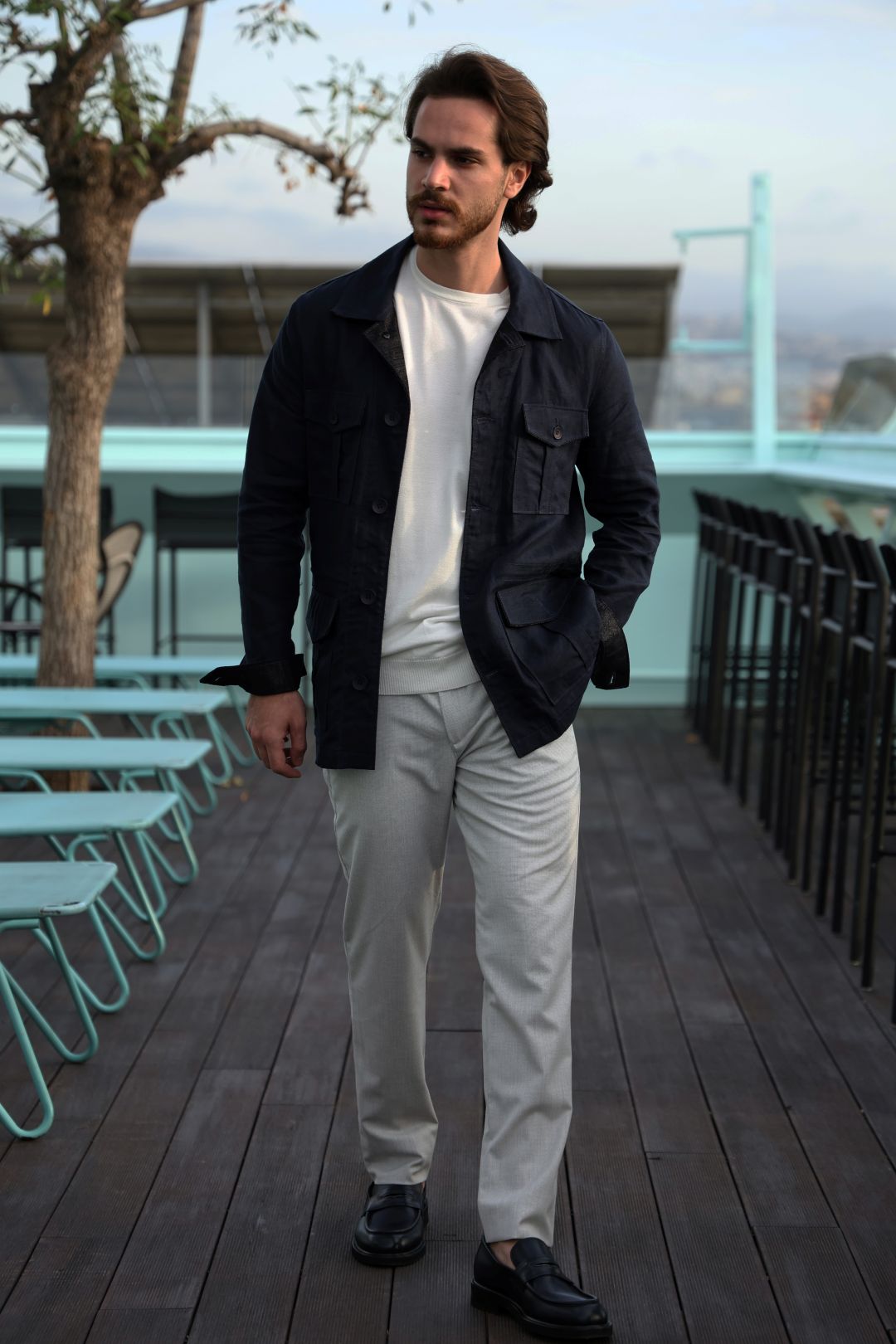 Navy Linen Safari Jacket in Loro Piana Fabric-001