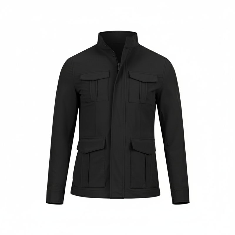 Black jacket with multiple pockets on a white background