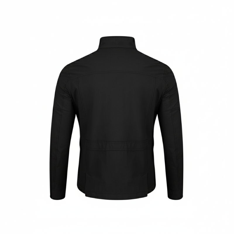 Black jacket shown from the back on a white background