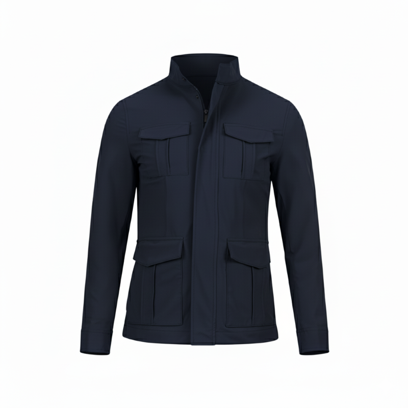Navy blue jacket with multiple pockets on a white background