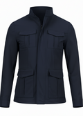 Navy blue jacket with multiple pockets on a white background