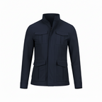 Navy blue jacket with multiple pockets on a white background