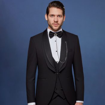 A black tuxedo suit with a satin lapel.