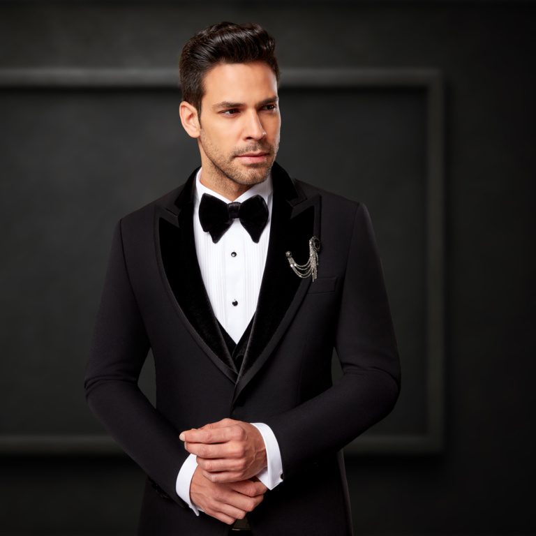 Black Wessi Lapel Patterned Tuxedo - Stylish and Striking Men's Formal Attire.
