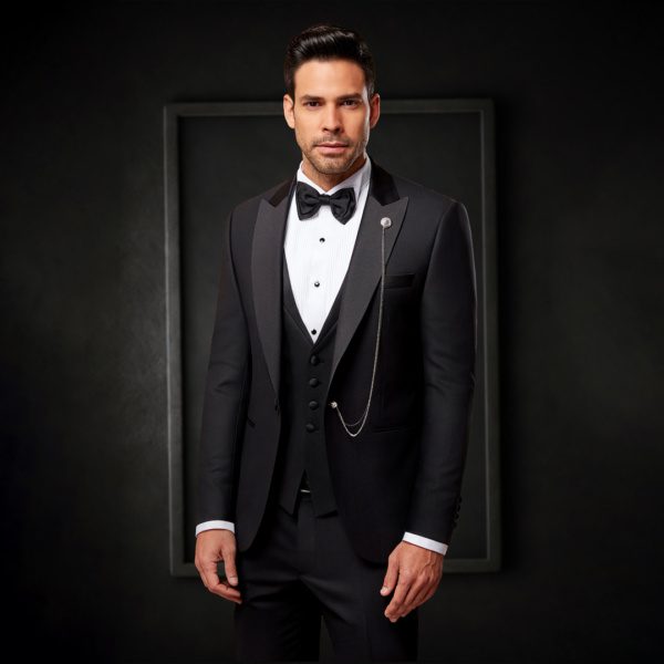 A man in a patterned tuxedo with shawl lapels.