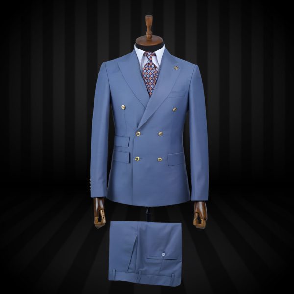 Sky Blue Double-Breasted Suit with 6 Golden Buttons - Elegant and Sophisticated Men's Formal Attire.