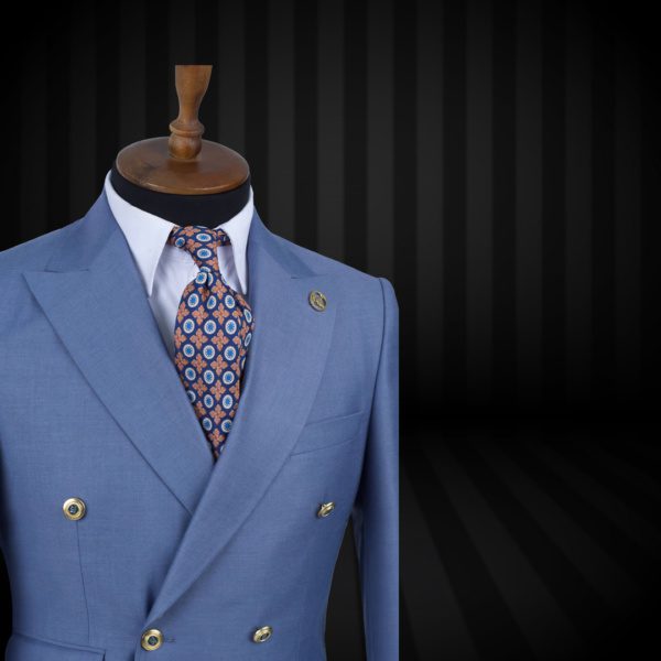 Sky Blue Double-Breasted Suit with 6 Golden Buttons - Elegant and Sophisticated Men's Formal Attire.