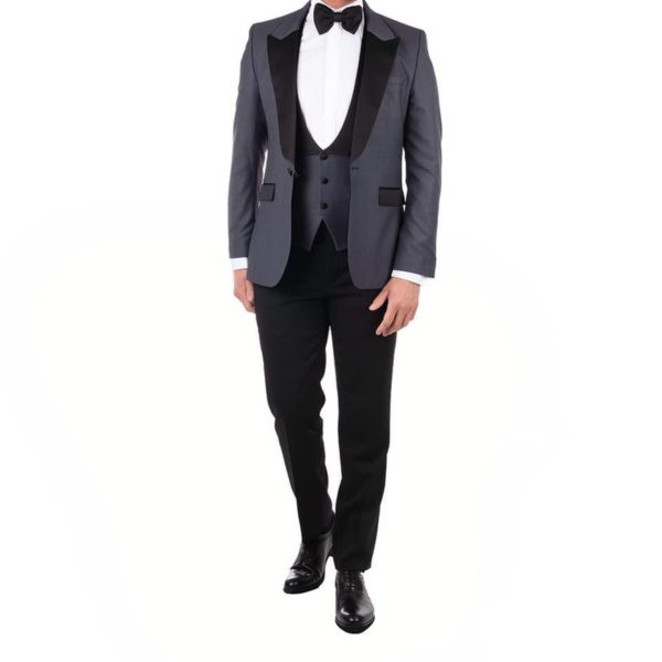 A 3-piece men's suit with a shawl lapel, single-breasted blazer, vest, and pants.