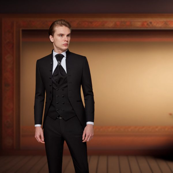 A double-breasted black men's suit tuxedo, perfect for any formal occasion.
