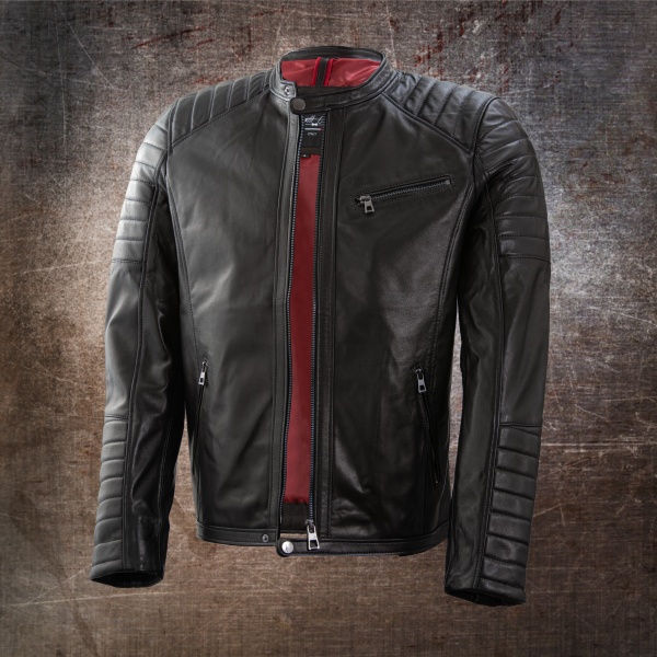 Sleek black real leather jacket with red lining by Minotti Uomo